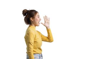 Portrait of a beautiful Asian woman gesturing on isolated background, portrait concept used for advertisement and signage, isolated over white background, copy space. photo