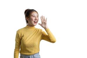 Portrait of a beautiful Asian woman gesturing on isolated background, portrait concept used for advertisement and signage, isolated over white background, copy space. photo