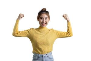 Portrait of a beautiful Asian woman gesturing on isolated background, portrait concept used for advertisement and signage, isolated over white background, copy space. photo