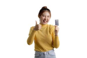 Portrait of a beautiful Asian woman gesturing on isolated background, portrait concept used for advertisement and signage, isolated over white background, copy space. photo