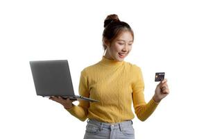 Portrait of a beautiful Asian woman gesturing on isolated background, portrait concept used for advertisement and signage, isolated over white background, copy space. photo