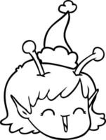 line drawing of a alien space girl face wearing santa hat vector