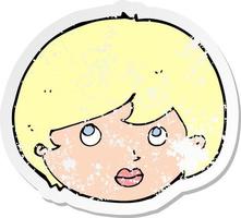 retro distressed sticker of a cartoon female face looking upwards vector