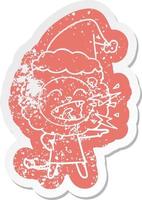 cartoon distressed sticker of a roaring lion girl wearing santa hat vector
