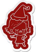 cartoon  sticker of a girl crying and pointing wearing santa hat vector