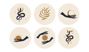 iconos sagrados que representan la luna, el sol y serpientes en círculos. ilustración vectorial conjunto de íconos y emblemas para las portadas de noticias de las redes sociales. plantillas de diseño para un estudio de yoga y un blogger astrólogo vector