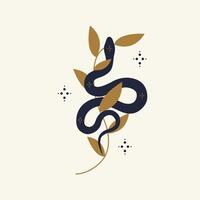 Magic snake with moon, star and crescents. Mystical symbols in a trendy minimalist style on a light background. Cosmic minimalistic scene with snake, branch, celestial bodies. vector