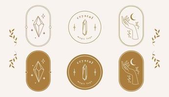 A set of logos in a linear style. Delicate, mysterious images. Mystical symbol in a minimalist style. Magic stone for spiritual practices of ethnic magic and astrological rites. vector