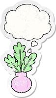 plant in vase and thought bubble as a distressed worn sticker vector