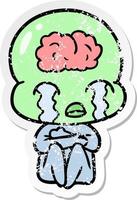 pegatina angustiada de un alienígena de cerebro grande de dibujos animados llorando vector