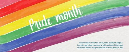 7 Colors bar of Pride flag in watercolors with Pride month wording and example texts on white paper pattern background. vector