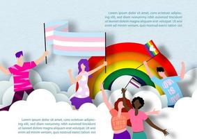 grupo de personas en caricatura celebrando el mes del orgullo con nubes y escena arcoiris con textos de ejemplo sobre fondo azul. cartel del mes del orgullo lgbt en estilo de corte de papel y diseño vectorial
