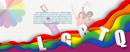 6 Colors bar of Pride flag with abbreviation of people in event in paper cut style and example texts on happy people in cartoon character and white paper pattern background. vector