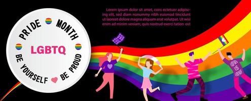 grupo de jóvenes bailando alegremente en la barra de 6 colores de la bandera del orgullo con palabras sobre la campaña de derechos lgbt en pancarta blanca y textos de ejemplo sobre fondo negro. vector