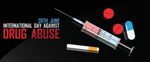 Syringe and drug abuse with the day and name of event campaign on black glass background. All in web banner vector design.