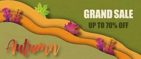 Maple and colorful leaves in colors tone and 3d wave with wording of season and sale banner on green and paper pattern background. All in paper cut and 3d of vector design.