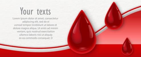 Giant bloods droplet in glass design on glossy red decoration on paper pattern with example Lorem Ipsum texts and white background. All in vector and web banner design.