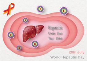 el hígado humano es el virus de la hepatitis con eslogan y cartas de campaña de eventos en el agujero de la cueva rosa y el icono del virus de la hepatitis en el fondo rosa. todo en diseño vectorial y estilo de corte de papel. vector