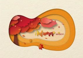 Small maple tree in Autumn and blowing leaves down with wording of season, All in cave hole and paper cut design on cream color background. vector