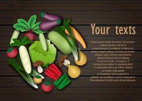 Heap and variety of vegetables in circle shape with space and Lorem Ipsum texts  on dark wood pattern background. vector