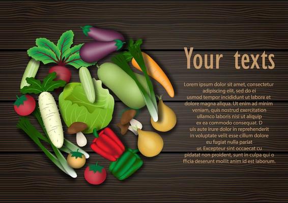 Heap and variety of vegetables in circle shape with space and Lorem Ipsum texts  on dark wood pattern background.