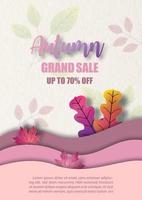 Cute maple and colorful leaves in sweet colors 3d wave with wording of season and sale banner on autumn leaves and paper pattern background. All in paper cut and 3d of vector design.