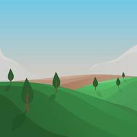 landscape illustration of a vast meadow with a few trees in the morning with a bright blue sky vector