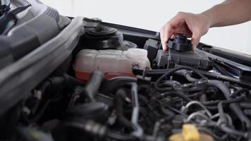 el mecánico inspecciona el tanque de expansión con anticongelante rosa. nivel de refrigerante del vehículo en el sistema del radiador del automóvil. autopartes video