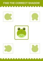 Find the correct shadow Frog face. Worksheet for kids vector