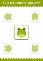 Find the correct shadow Frog face. Worksheet for kids vector