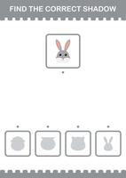 Find the correct shadow Rabbit face. Worksheet for kids vector