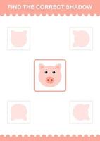 Find the correct shadow Pig face. Worksheet for kids vector