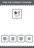 Find the correct shadow Cow face. Worksheet for kids vector