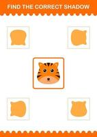 Find the correct shadow Tiger face. Worksheet for kids vector