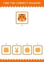 Find the correct shadow Tiger face. Worksheet for kids vector