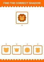 Find the correct shadow Lion face. Worksheet for kids vector