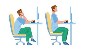 In Ergonomic Posture Sit Man At Computer Vector