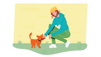 Woman Volunteer Feed Homeless Cat Vector Illustration