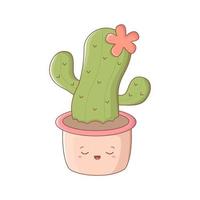 Cute cactuse with kawaii face. Colourful cartoon house plant with funny face. Vector illustration isolated on white background