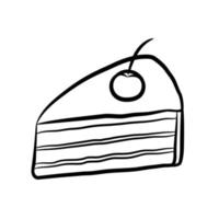 Simple hand drawn piece of cake isolated on white background. Piece of cake with cherries. Doodle style. Vector illustration