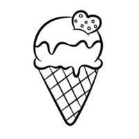 Ice cream waffle cone isolated on white background. Doodle style. Coloring book. Vector Illustration
