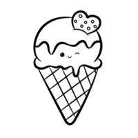 Cute ice cream waffle cone isolated on white background. Kawaii sweets. Doodle style. Coloring book. Vector Illustration