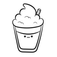 Cute coffee, latte, cappuccino or cocoa with whipped foam in a glass. Kawaii sweets. Coloring book. Vector illustration