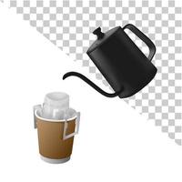 Drip coffee with portable drip bag vector on white background. Craft cup with the black kettle