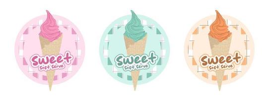 Pink ice-cream logo banner pink and white plaid pattern background. Pink plaid on fabric pattern. Square pattern Pink square background. Green and orange softserve. vector