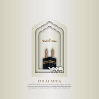 plantilla de eid al adha en marco islámico con kaaba 3d realista e ilustración de camello vector