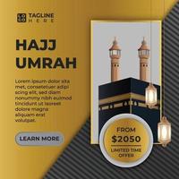 Hajj and Umrah Brochure Gold Travel and Tour Luxury with Kaaba and Lantern realistic 3d Simple vector