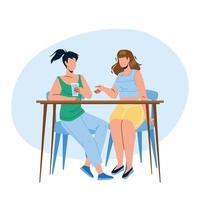 Girls Sitting At Table And Talking Together Vector