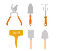 Vector garden tools set isolated on white background. Gardening elements in flat cartoon style - shovel, rake, secateurs