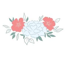 Bouquet of peony flowers with leaves. Border botanical vector isolated on white background